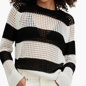 ALLSAINTS Paloma Black Cream Stripe Open Stitch Crewneck Long Sleeve Sweater M